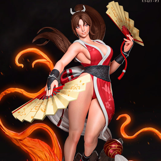 Shiranui Mai figure standing on wooden base holding dual Japanese fans wearing red and white kimono outfit, ponytail flowing, Fatal Fury King of Fighters statue