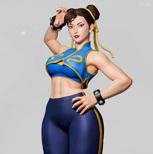 Chun-Li collectible figure standing confidently on wooden base, wearing athletic outfit and spiked wristbands, Street Fighter 1:6 scale.