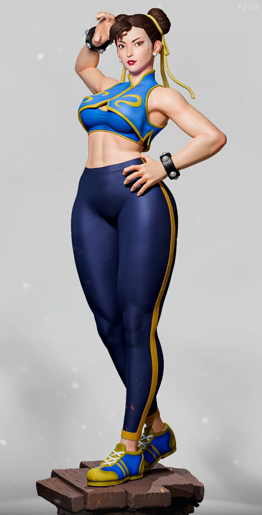 Chun-Li statue wearing crop top and leggings with sneakers on base, Street Fighter 1:6 scale collectible.