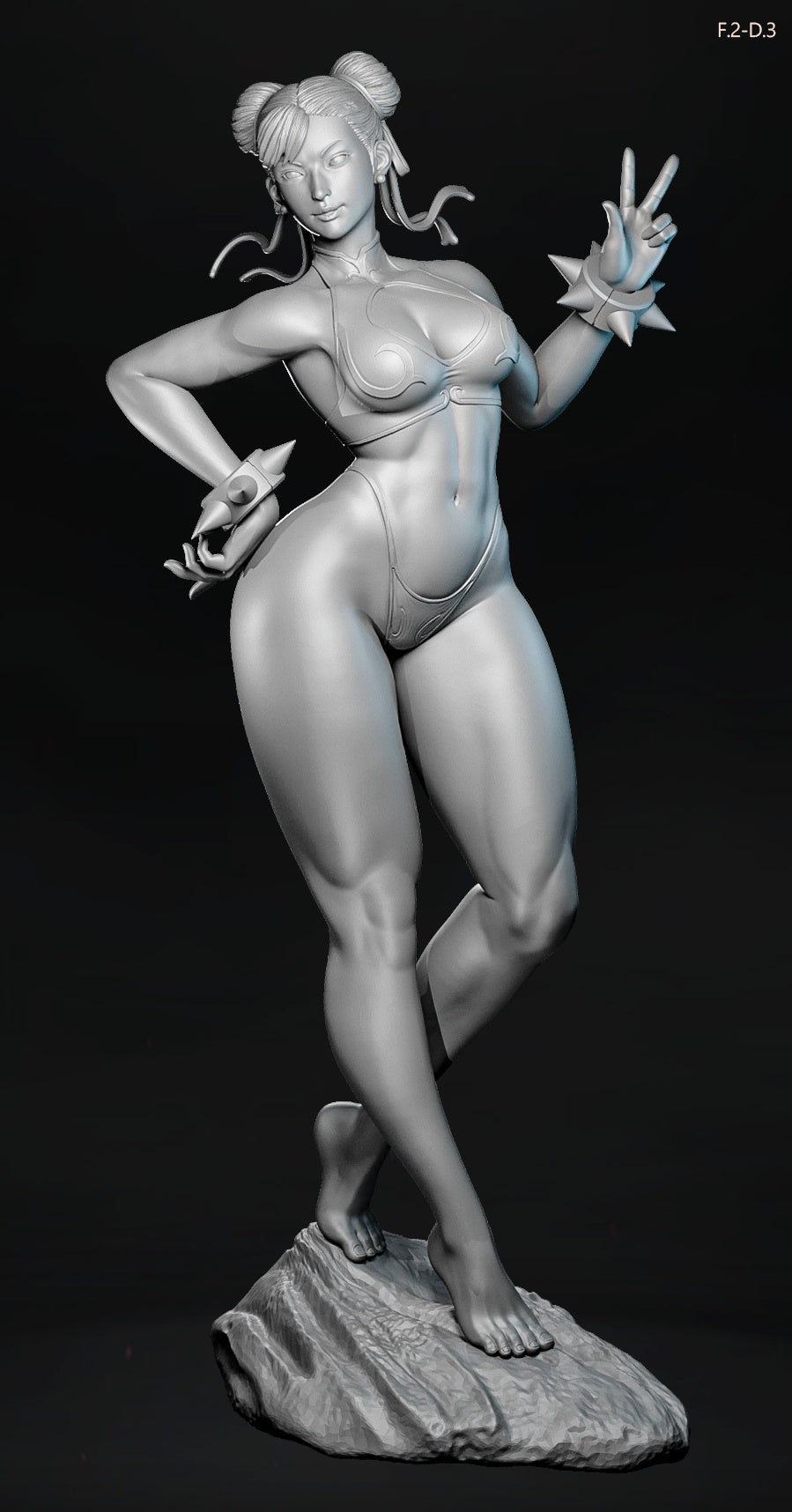 Chun-Li in bikini-style outfit standing on rock base, smiling pose with spiked bracelets, Street Fighter 1:6 scale collectible.