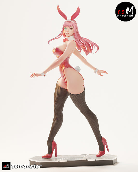 Zero-Two Bunny Suit 1:6 scale painted figure front view with bunny ears, red bodysuit, thigh-high stockings, heels, long flowing hair, and textured display base.