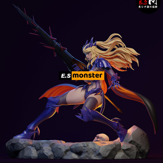 1:6 scale figure from Fate/Grand Order, posed mid-strike on rocky base with long weapon and flowing hair.