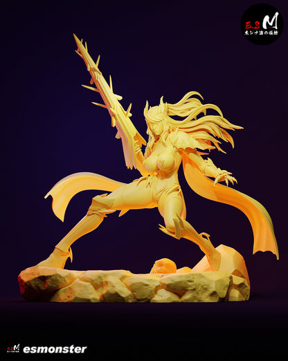 Unpainted 1:6 scale Saber collectible from Fate/Grand Order, featuring battle armor, weapon, and dynamic cape movement.