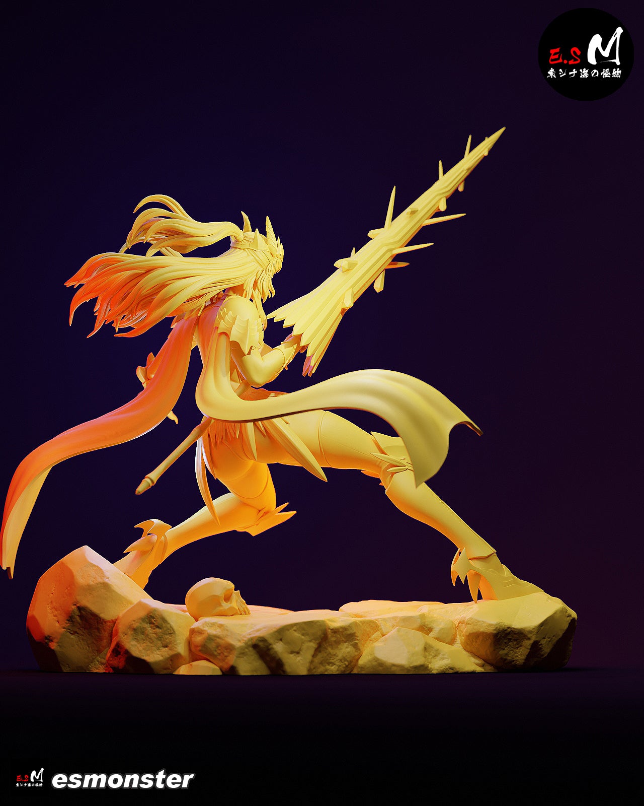 Back angle of unpainted Saber figure from Fate/Grand Order, showing armor detail, cape, and base with skull.