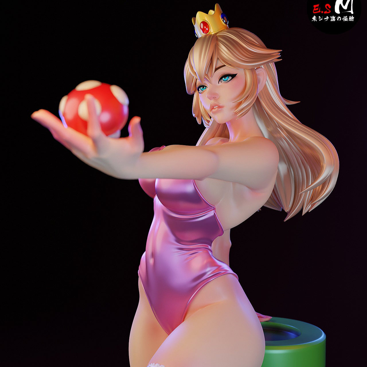 Bowsette 1:6 scale collectible close-up view with crown, long hair, bodysuit, stockings, and Super Mushroom in hand.