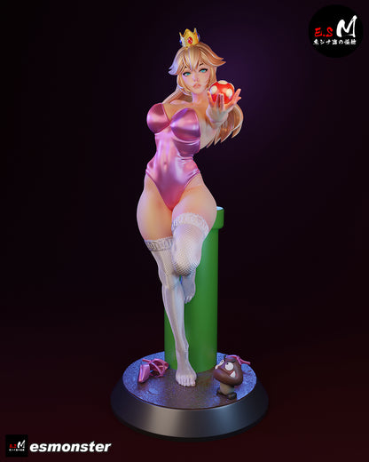 Bowsette 1:6 scale figure full view standing on Mario pipe base with crown, bodysuit, stockings, Super Mushroom, and Goomba accessory at her feet.