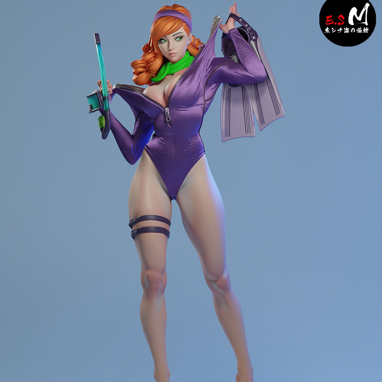 Daphne Divesuit painted 1:6 scale figure front view in partially unzipped purple divesuit, green scarf, diving knife strap, and detailed sand base.