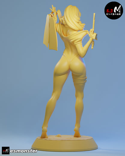 Daphne Divesuit unpainted 1:6 scale figure back view showing high-cut divesuit, long hair, raised zipper pose, and beach-themed base.