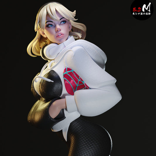 This 1:6 scale Spider-Gwen collectible from Marvel Comics features Gwen Stacy in her iconic black-and-white suit with pink web accents and a modern twist—hood up, headphones on, and attitude dialed to 11. A perfect display piece for fans who like their superheroes stylish and smug.