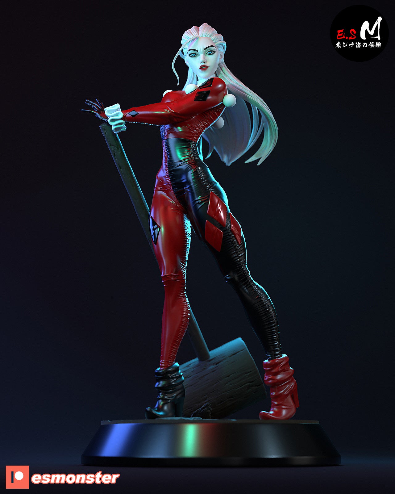 Alternate version of Harley Quinn with unmasked head and long blonde hair, standing in same pose with mallet.
