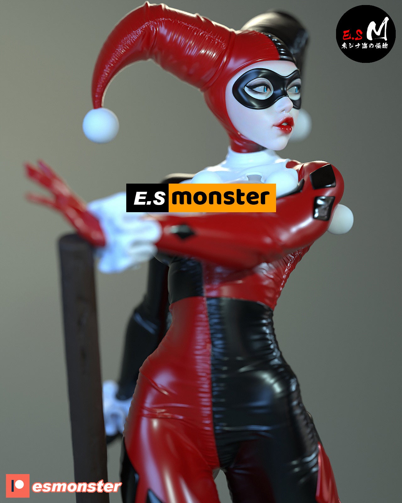 Rear angle unpainted render of Harley Quinn figure showing mallet embedded in the base.