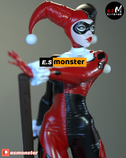 Rear angle unpainted render of Harley Quinn figure showing mallet embedded in the base.