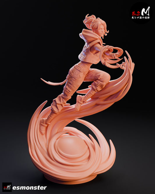 Jett Valorant 1:6 scale collectible figure angled view highlighting wind swirl base, extended arm, and agile mid-air movement