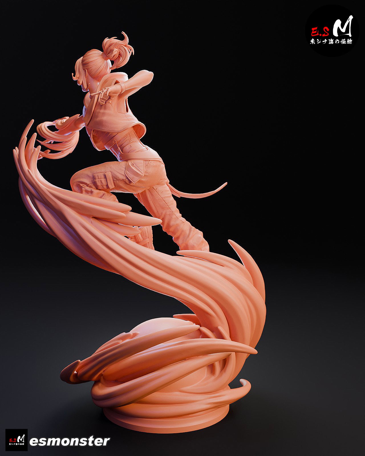 Jett Valorant 1:6 scale figure rear view showing flowing wind effects, tied hair, layered clothing, and elevated action pose