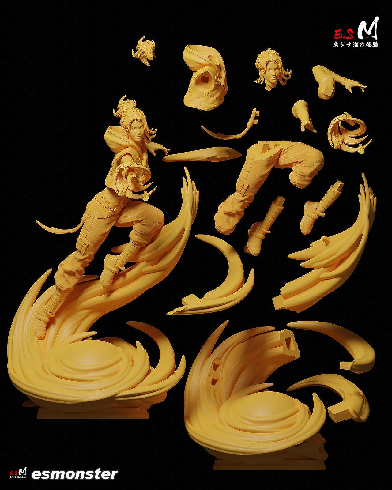 Jett Valorant 1:6 scale figure exploded parts view showing head options, arms, legs, wind effect base, blades, torso, and assembly components