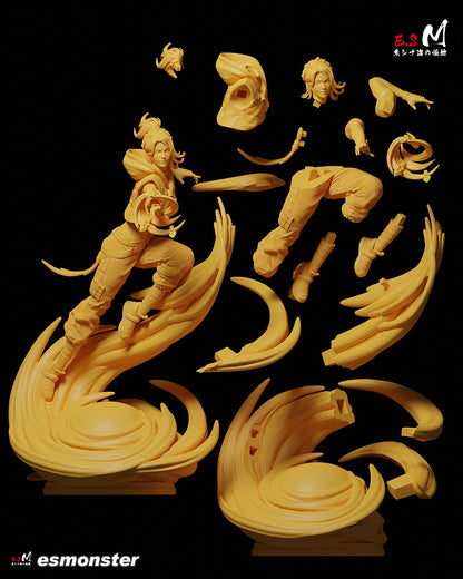 Jett Valorant 1:6 scale figure exploded parts view showing head options, arms, legs, wind effect base, blades, torso, and assembly components