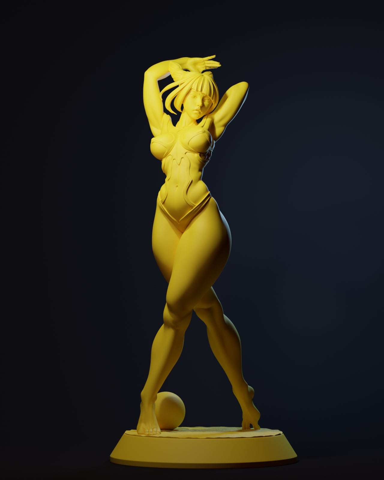 Juri Street Fighter 1:6 scale statue unpainted sculpt variant in swimsuit with arms raised and volleyball base.