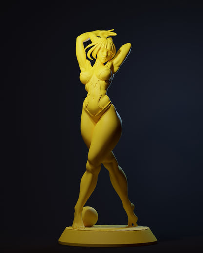 Juri Street Fighter 1:6 scale statue unpainted sculpt variant in swimsuit with arms raised and volleyball base.