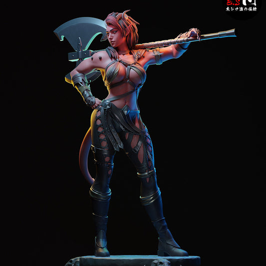 Painted Karlach figure in full display pose, wielding double-bladed axe and standing on stone base, front angle.