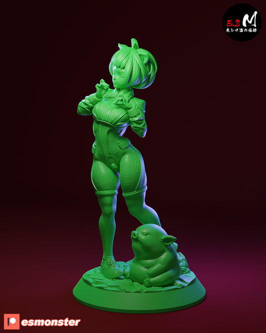 Front view of Zhu Baije Black Myth collectible figure in textured bodysuit, standing shyly with hands raised, next to a small pig on a sculpted base.