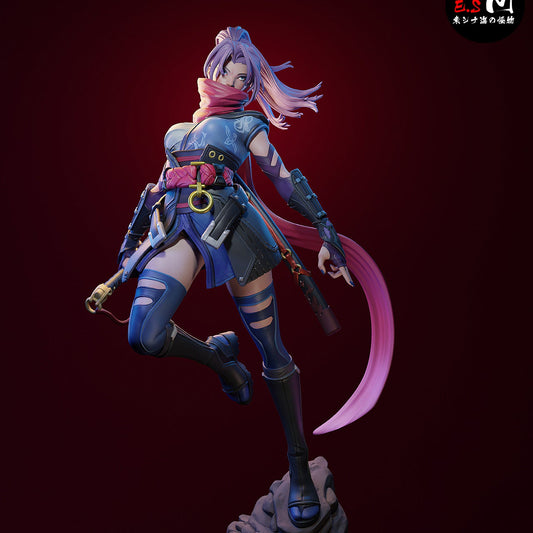 Psylocke 1:6 scale figure from Marvel Rivals, standing on a rocky base, wearing armor and scarf with katana in hand.
