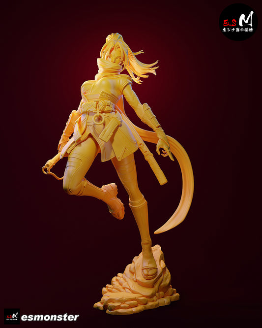 Unpainted Psylocke collectible from Marvel Rivals in 1:6 scale, posed with scarf flowing and sword drawn.