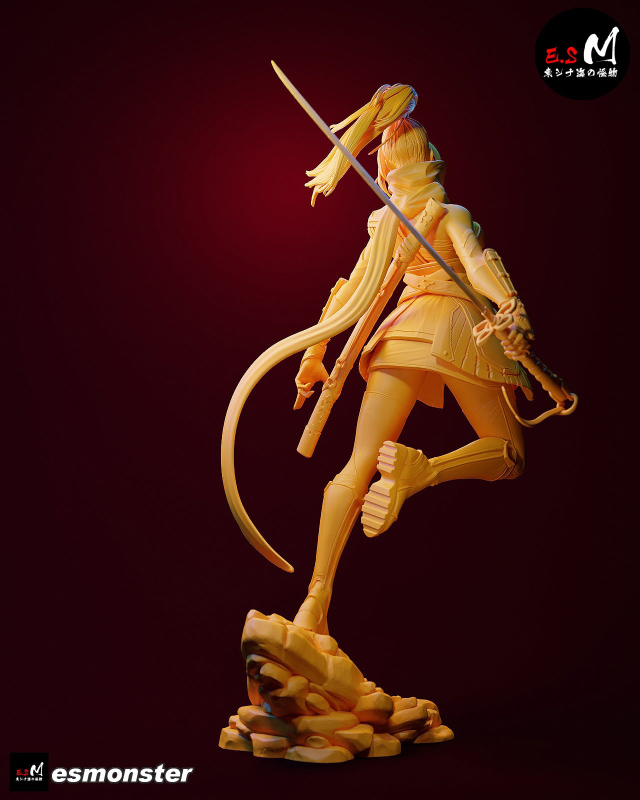 Back view of unpainted Psylocke 1:6 scale collectible figure from Marvel Rivals, showing long ponytail, sheathed katana, and base details.