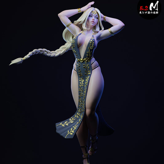 Full-body Marika statue posed with hands raised, wearing royal gown with gold detailing, Elden Ring 1:6 scale collectible.