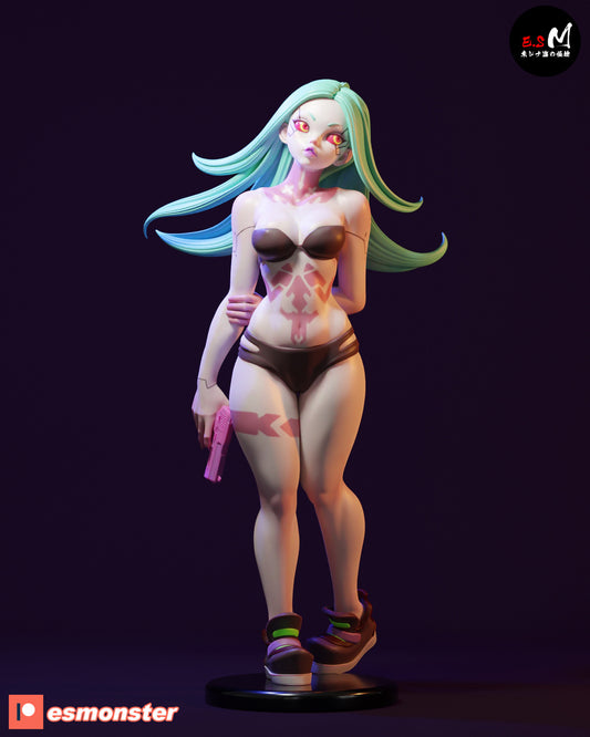 Colored render of Rebecca in lingerie pose with pistol and neon tattoos, flowing hair, and sneakers on a black base.