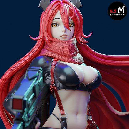 Red Hood collectible figure holding large sniper rifle, wearing long scarf and tactical outfit, Goddess of Victory: Nikke 1:6 scale.