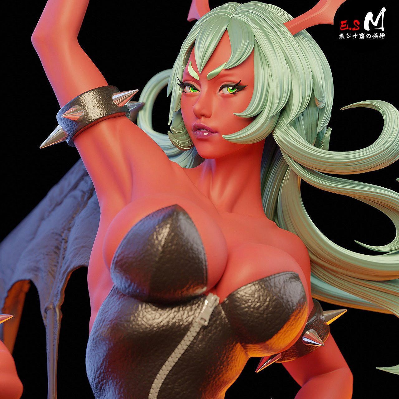 Scanty 1:6 scale figure close-up of head, horns, hair, facial expression, bodysuit texture, and spiked accessories.