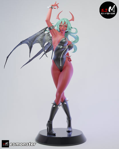 Scanty 1:6 scale figure standing in confident pose with demon horns, long flowing hair, bodysuit, spiked bracelets, high-heeled boots, and display base.