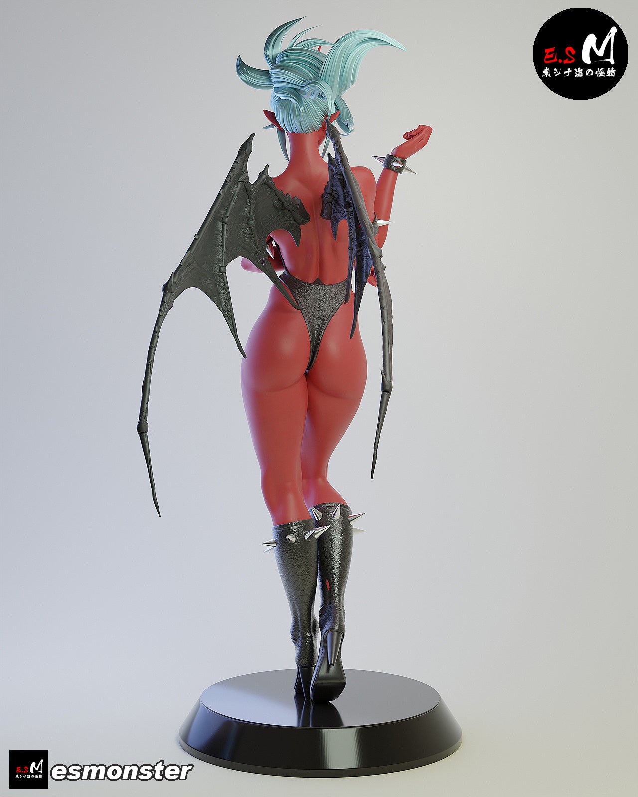 Kneesocks statue rear view – 1:6 scale figure showing demon wings, tail base, long hair sculpt, and spiked boots on round base.