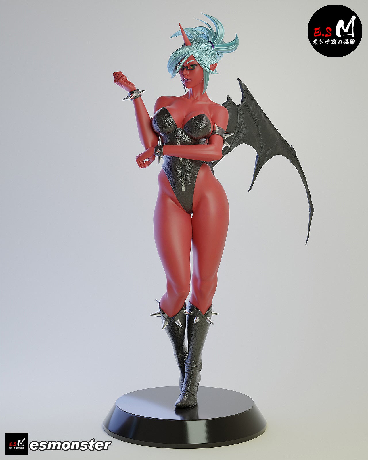 Kneesocks statue angled view – 1:6 scale anime demon collectible, standing pose with wings extended and spiked accessories.