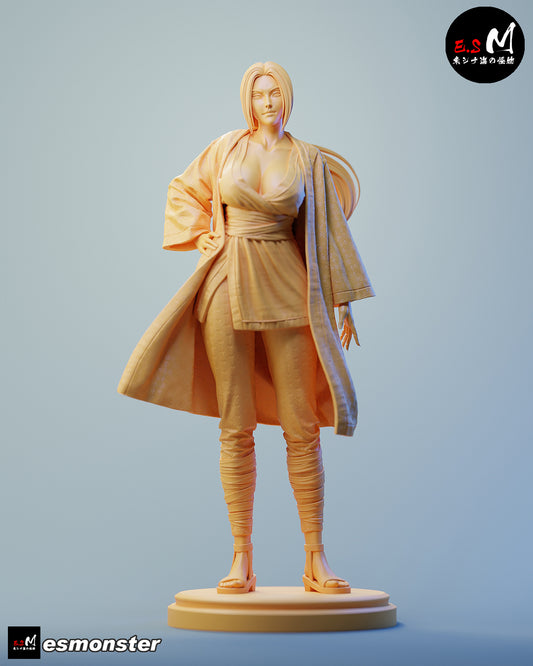Unpainted 1:6 scale Tsunade collectible figure from Naruto, showing sculpted detail in robe, pants, and pose.