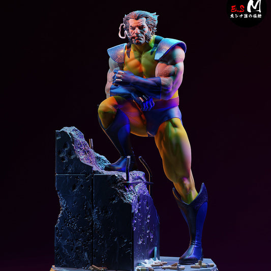 Wolverine 1:6 scale figure with cigar portrait standing on broken rubble platform, showing clawed hand, shoulder pads, and sculpted musculature.