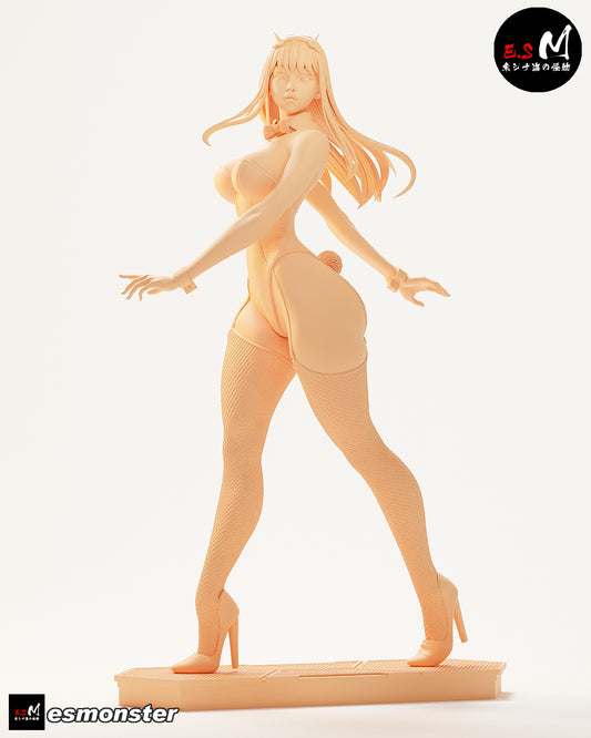 Zero-Two Bunny Suit 1:6 scale unpainted figure front view showing bodysuit, stockings, high heels, long hair, and sculpted details on the base.