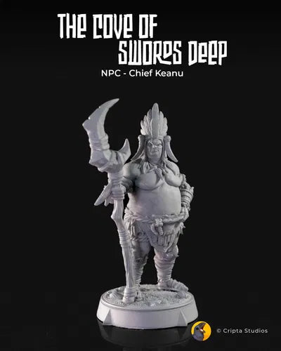 Chief Keanu miniature from The Cove of Swords Deep, portraying a robust, tribal leader figure wielding a bladed staff with feathered headdress and intricate armor details. His powerful stance captures authority and readiness, suitable for RPG adventures in games like D&D or Pathfinder.