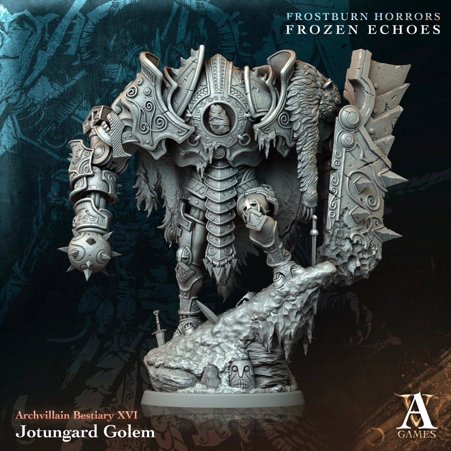 Jotungard Golem miniature adorned with ornate armor, wielding massive weapons, and featuring an owlbear pelt on its shoulder, ideal for dark fantasy TTRPGs like Dungeons & Dragons or Pathfinder.