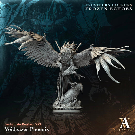 Voidgazer Phoenix miniature with expansive wings and intricate details, designed for fantasy TTRPGs like Dungeons & Dragons or Pathfinder, embodying celestial beauty and formidable power.