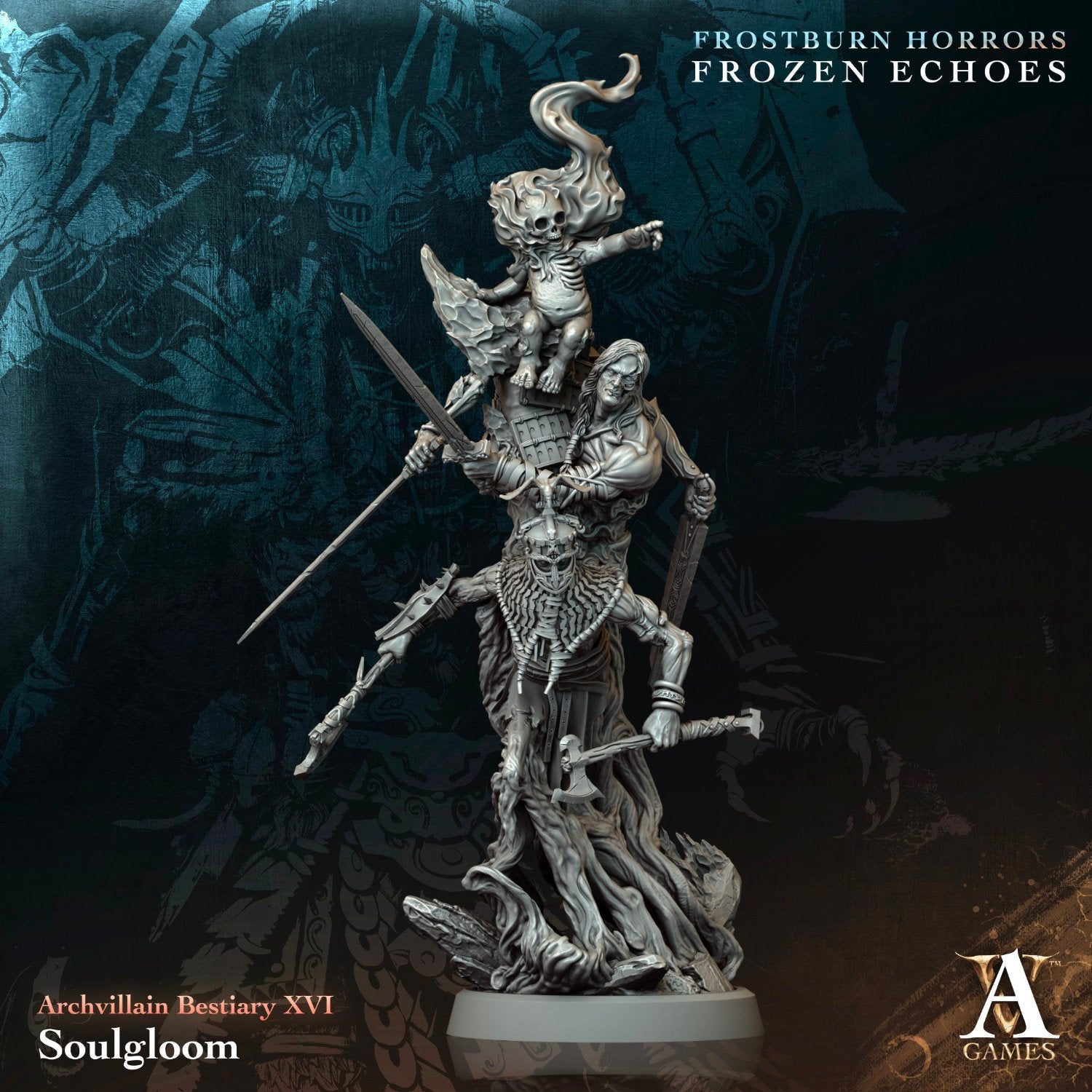 Soulgloom miniature featuring a haunting undead creature with spectral flames, skeletal limbs, and cursed weapons, perfect for dark fantasy TTRPGs such as Dungeons & Dragons or Pathfinder.