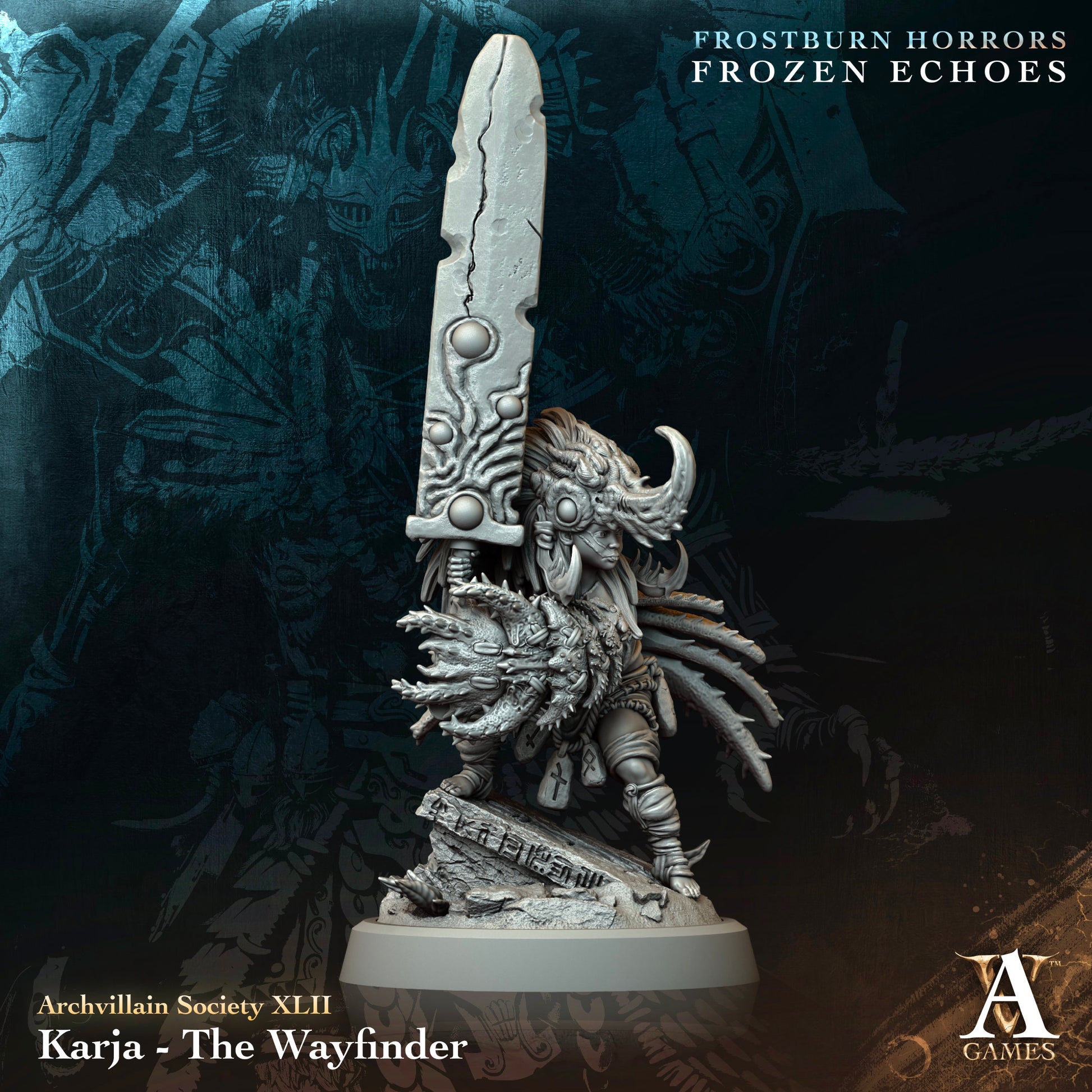 Karja - The Wayfinder miniature, a child goliath barbarian wearing chitin armor and holding a massive stone sword, standing on a rocky base. Ideal for fantasy tabletop RPG settings like Pathfinder and Dungeons & Dragons.