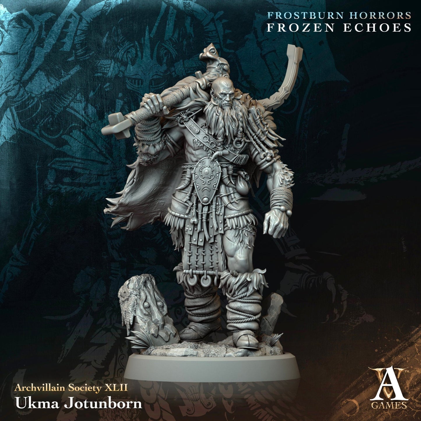 Ukma Jotunborn miniature, a colossal barbarian with a heavy axe, layered furs, and bone decorations, standing amidst icy terrain. Ideal for use in fantasy TTRPGs like Dungeons & Dragons or Warhammer.