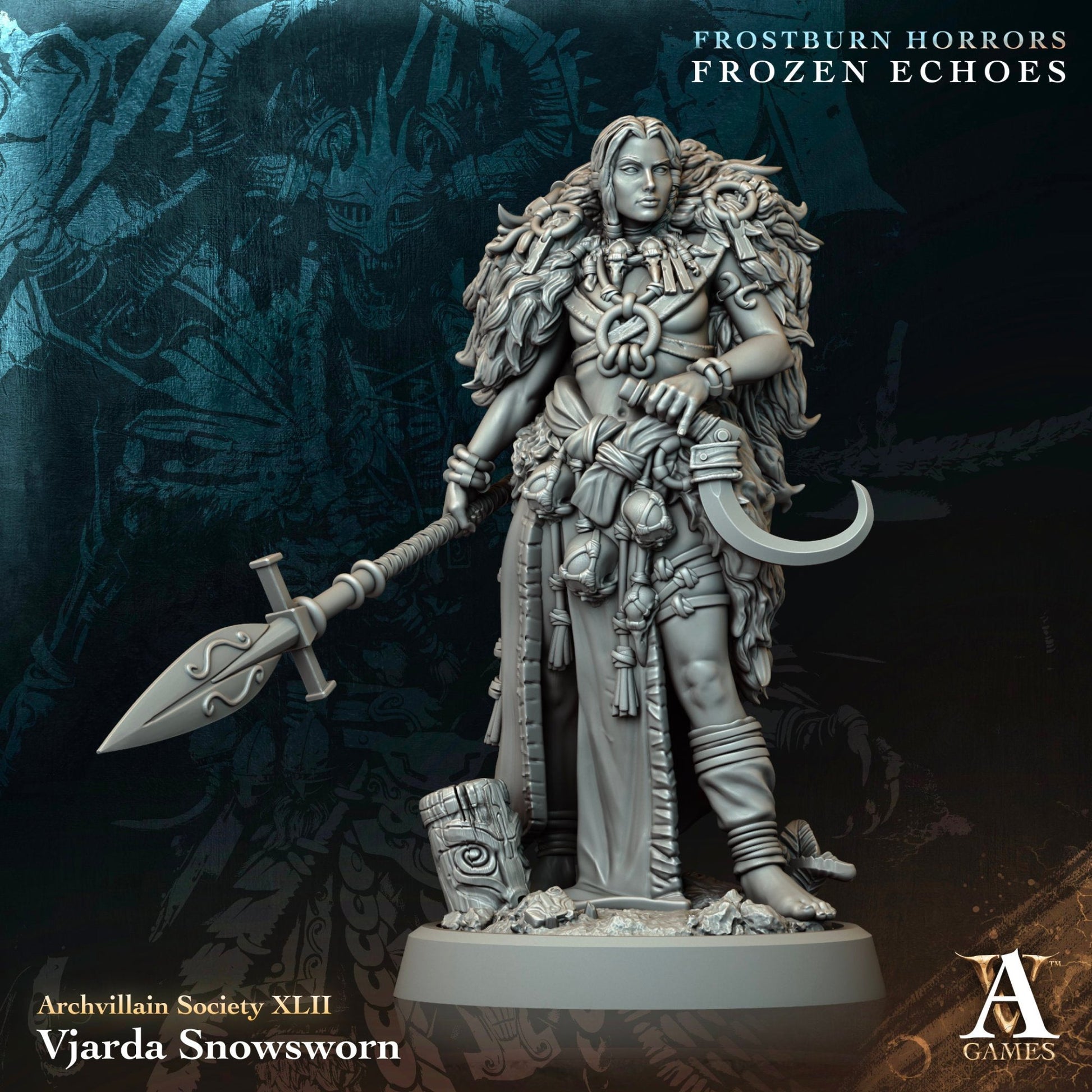 Vjarda Snowsworn miniature, a female goliath barbarian holding a spear and crescent blade, clad in furs and adorned with tribal details, perfect for fantasy TTRPGs like Dungeons & Dragons or Pathfinder.