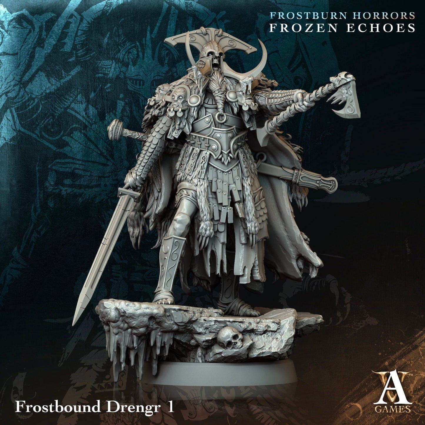 A draugr miniature standing imposingly with a large axe and sword, clad in fur-lined armor, perfect for Nordic-themed TTRPG adventures.