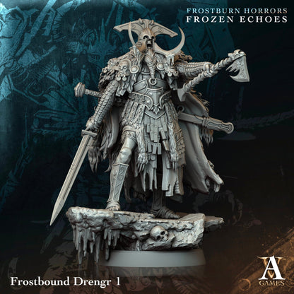 A draugr miniature standing imposingly with a large axe and sword, clad in fur-lined armor, perfect for Nordic-themed TTRPG adventures.