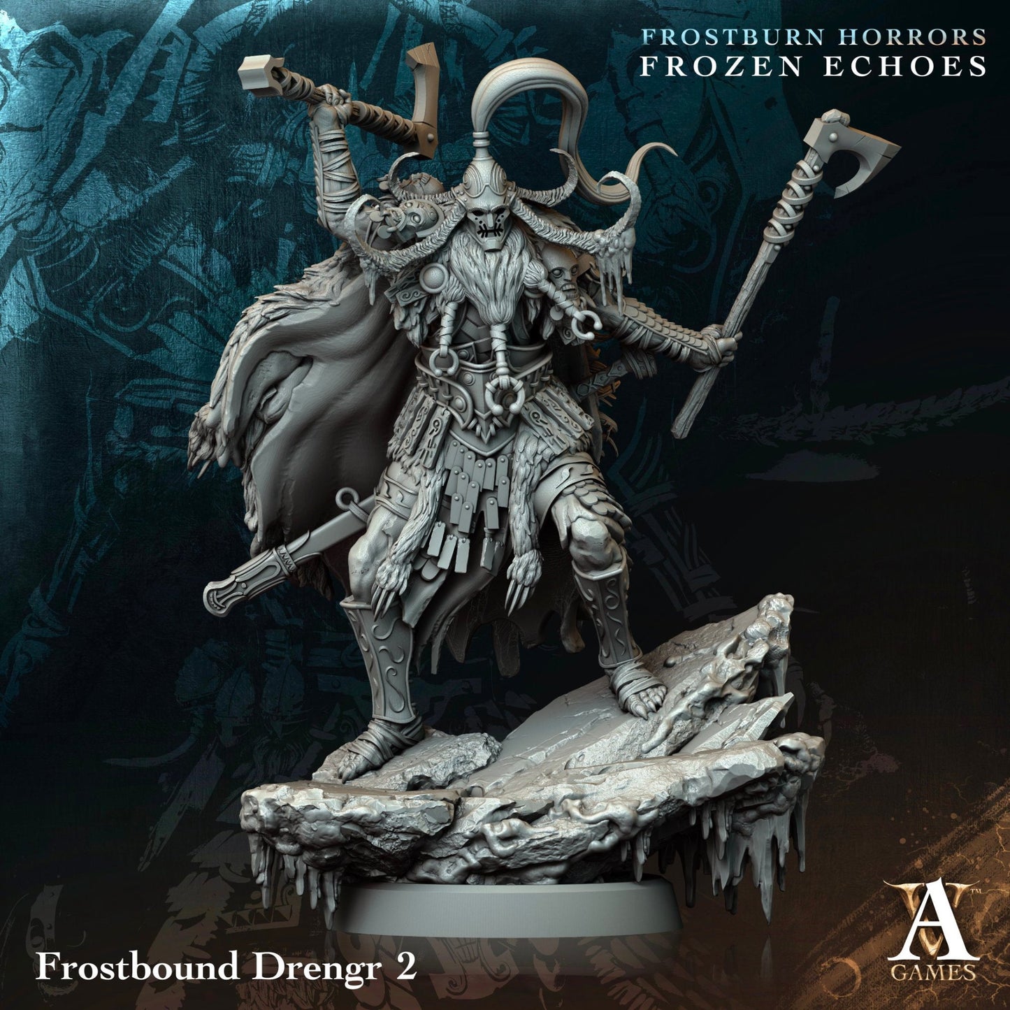 A draugr miniature wielding a massive axe with an antlered helmet, wearing furred robes and icy armor, ideal for chilling encounters in tabletop campaigns.