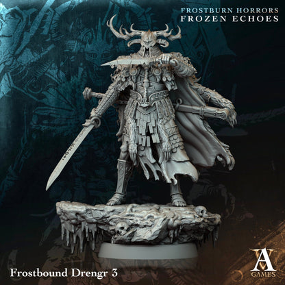 A draugr miniature armed with a long sword, wearing tattered fur-lined capes and scale armor, ready to haunt your frosty TTRPG settings.