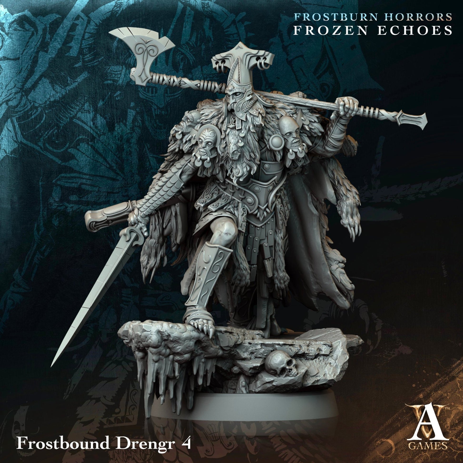 A draugr miniature wielding a frost-encrusted battle axe and a sword, adorned with eerie heads and layered winter armor for tabletop adventuring.