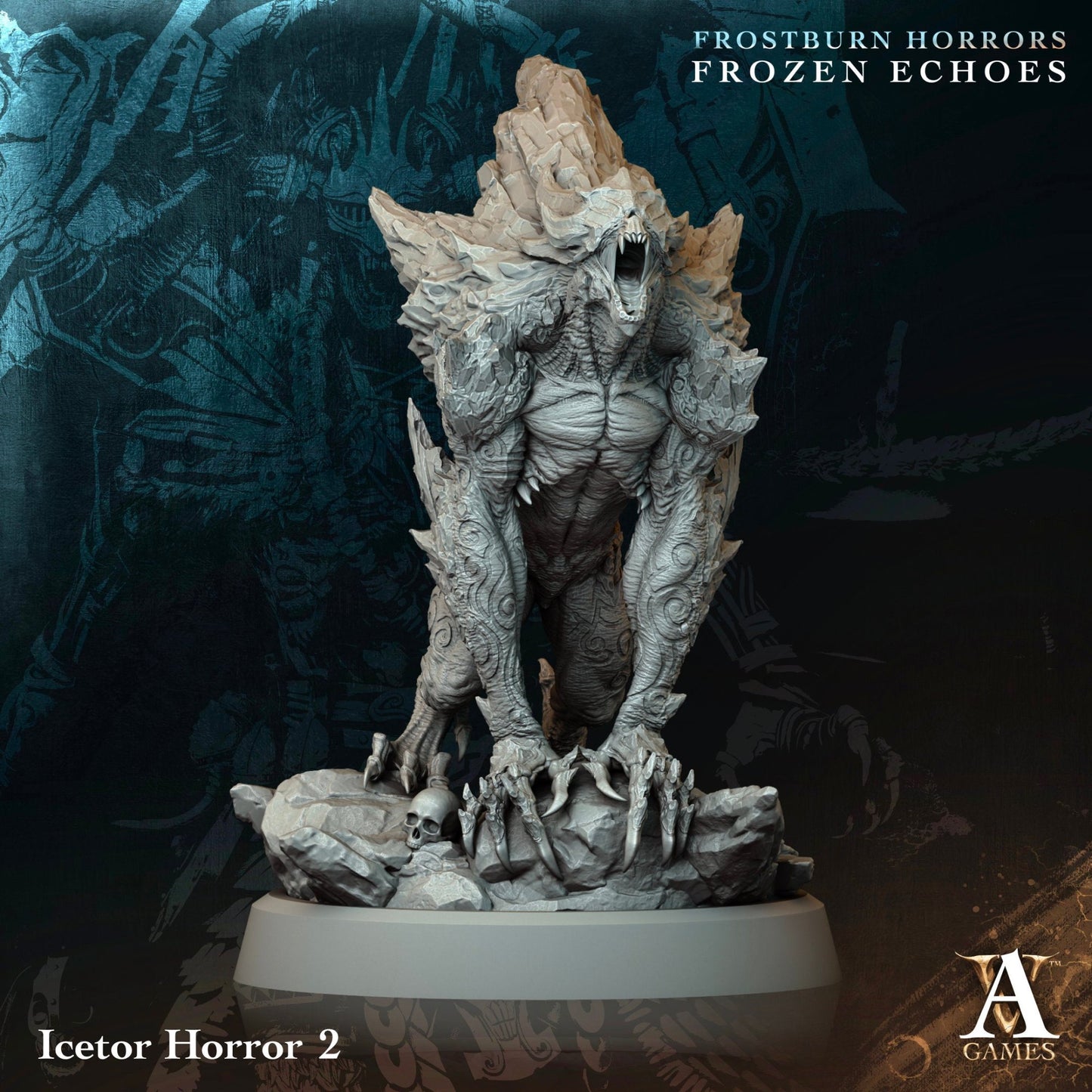 Icetor Horror miniature standing menacingly with jagged icy formations and frost-rune patterns on its body, claws extended and surrounded by icy terrain.